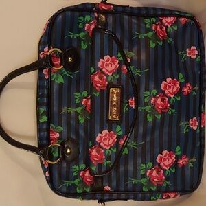BETSY JOHNSON black and blue stripes with flowers- laptop bag, travel bag, purse
